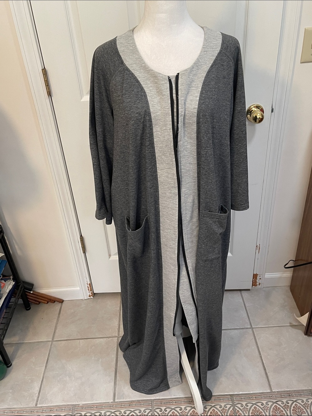 EKOUAER Long Open Front Cardigan Duster Robe in Charcoal & Light Gray SZ XXL